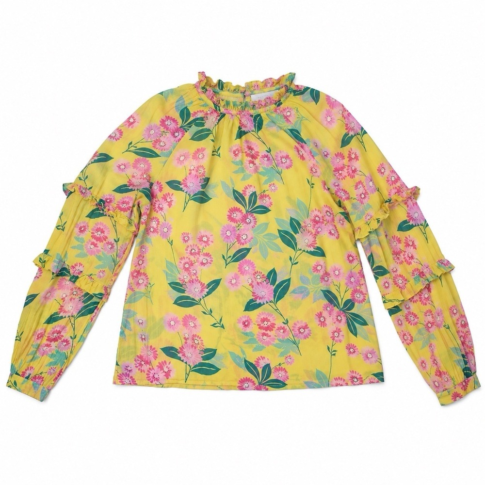Banjanan Berta Floral Top Large Yellow Pink Cotton Ruffle Boho Blouse